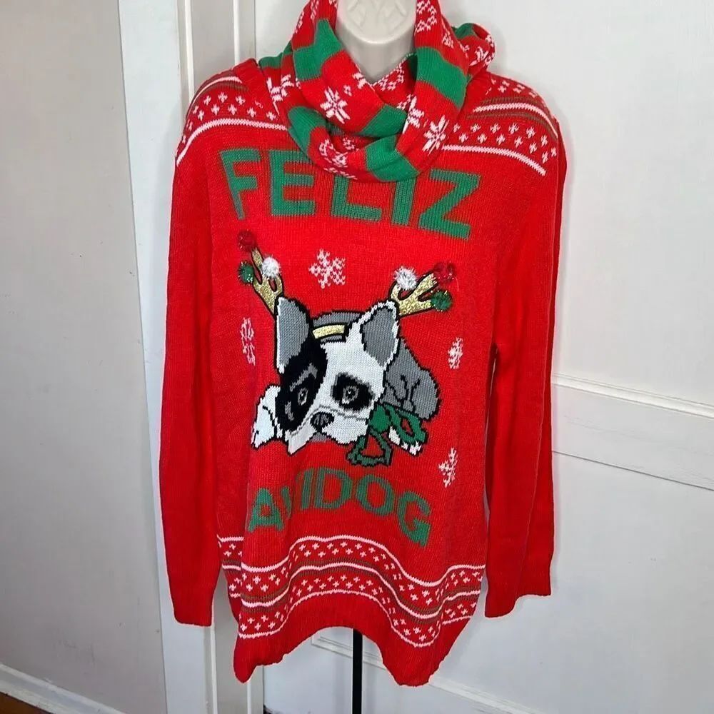 Self Esteem Ugly Cristmas "Feliz Navidog" Sweater Frenchie Bull Dog  & Scarf Plu